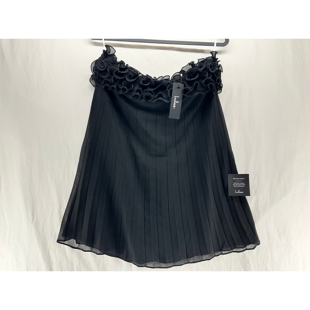 Lulus Black Strapless Pleated Mini Dress Ruffle Neckline Chiffon Size S NEW